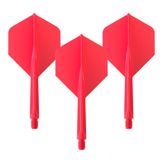 Das Bild zeigt drei rote Dartflights mit integriertem Schaft. Es handelt sich um das Produkt "Unicorn Forge All In One Plus No2 Standard Flights Rot - Medium".