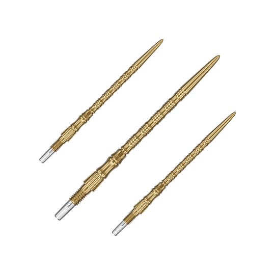 Puntas de dardo de acero Target Signature Swiss Point TRB - doradas Das Bild zeigt ein Set goldener Dartspitzen mit 42mm Länge. Die Spitzen sind Target SwissPoint Signature TRB Dartspitzen.