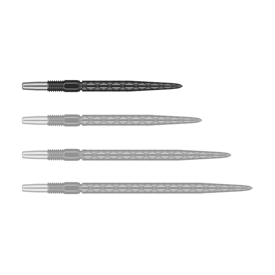 Puntas de dardos Target Swiss Diamond Pro Black Points Auf dem Bild sind vier schwarze Dartspitzen mit silbernem Gewinde zu sehen. Die Spitzen haben ein rautenförmiges Muster auf der Oberfläche.