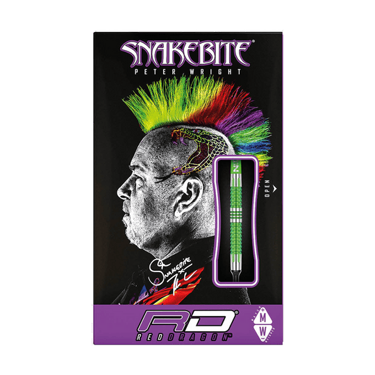 Die Verpackung zeigt die „Red Dragon Peter Wright Snakebite Mamba 2 Softdarts“. Auf dem Cover ist ein Mann mit buntem Irokesenschnitt und einer gezeichneten Schlange zu sehen.