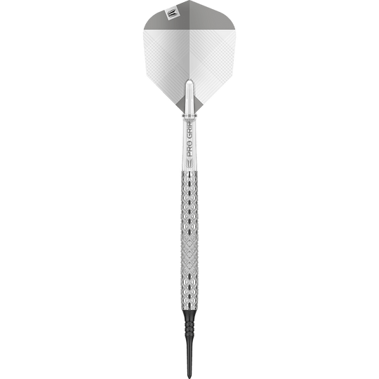 Dardos blandos Target Nastri 11 Das Bild zeigt einen Target Nastri 11 Softdart. Der Dartpfeil hat ein silbernes Design mit einer strukturierten Griffzone und einer schwarzen Kunststoffspitze.