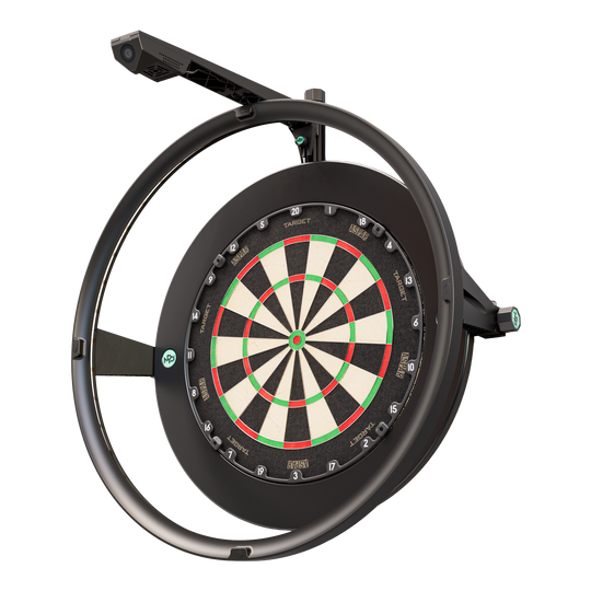 Cámara Target VIRT Das Bild zeigt das Produkt "Target VIRT Kamera", das eine Dartscheibe mit einer integrierten Kamera darstellt. Die Kamera ist oberhalb der runden Einfassung der Dartscheibe montiert.