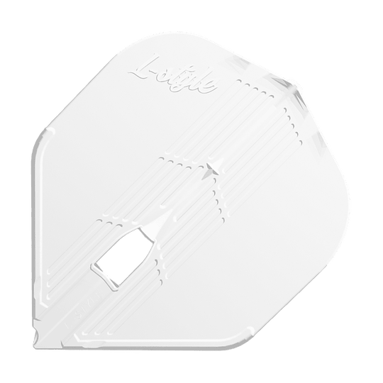 L-Style KAMI L1PRO Flights Das Bild zeigt ein weißes Dartflight mit dem Schriftzug "L-style" oben. Das Flight hat eine strukturierte Oberfläche und eine typische, leicht eckige Form.