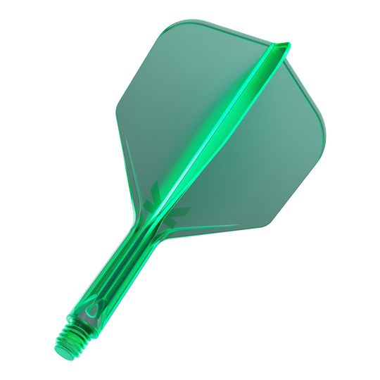 Sistema de vuelo Target K-Flex No6 - Verde Das Bild zeigt eine grüne Dart-Flügel- und Schaft-Kombination. Das Material wirkt transparent und hat eine glatte Oberfläche.