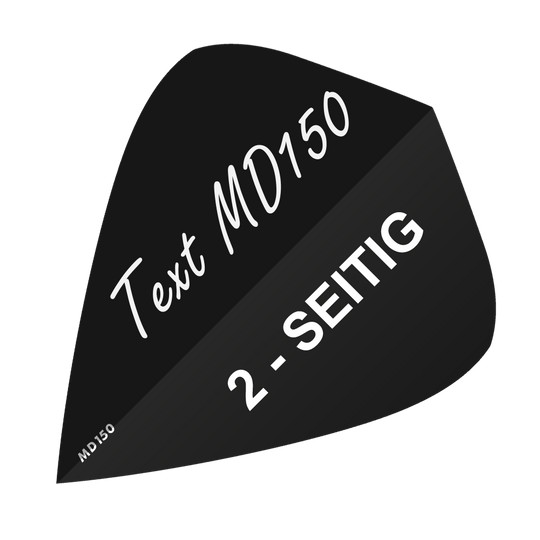 MD-300_2-Seitig_Bedruckte_Flights_Wunschtext_MD150_Schwarz_Kite_1 Das Bild zeigt ein schwarzes Feld mit weißem Text "Text MD150" und "2-SEITIG". Es handelt sich um das Produkt "10 Satz Bedruckte Flights 2-Seitig - Wunschtext - MD150 Kite".
