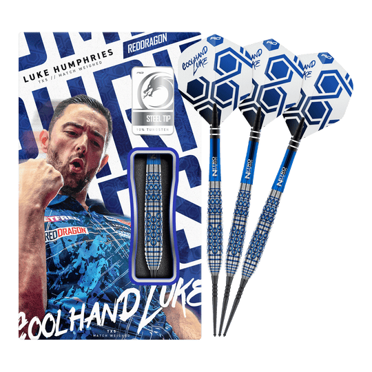 Auf dem Bild ist das vollständige Set der Red Dragon Luke Humphries TX5 Steeldarts zu sehen. Die Steeldarts werden in ihrer Gesamtheit präsentiert.