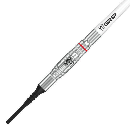 Dardos blandos Bulls Niko Springer - 22 g Das Bild zeigt einen Bulls Niko Springer Softdart mit einem Gewicht von 22g. Der Dart hat eine silberne Metallspitze und einen weißen Schaft mit der Aufschrift "B GRIP".