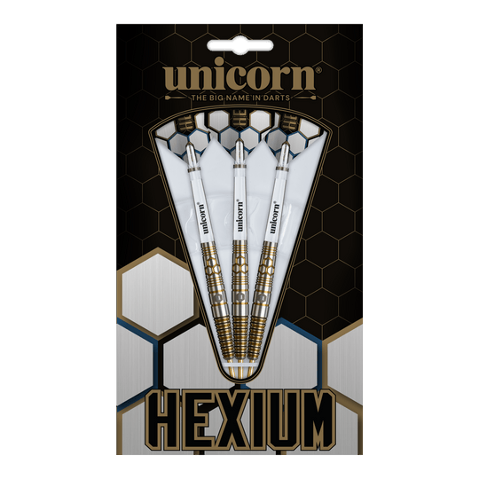 Dies ist das Produkt Unicorn Hexium Style 03 Gold & Black Steeldarts. Drei Steeldarts in Gold und Schwarz sind abgebildet.