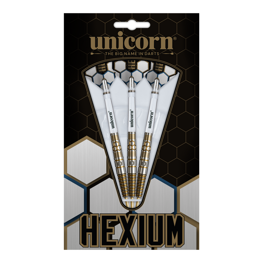 Dardos de acero Unicorn Hexium Style 03 dorados y negros Dies ist das Produkt Unicorn Hexium Style 03 Gold & Black Steeldarts. Drei Steeldarts in Gold und Schwarz sind abgebildet.