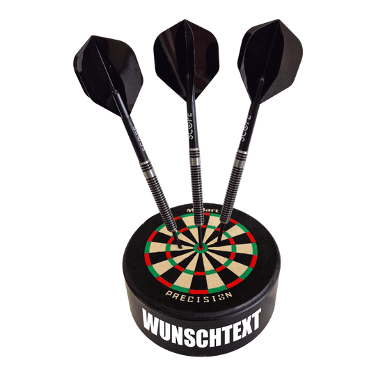 Mini diana de precisión McDart con texto personalizado Hier sieht man ein Produktfoto mit dem Dateinamen 765_McDart_Mini_Precision_Dartboard_Darthalter_1_Impact. Nähere Angaben zum Produkt fehlen.