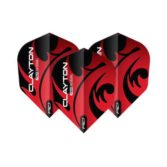 Red Dragon Jonny Clayton Rojo Negro No6 Vuelos Auf dem Bild sind drei Dartflights des Produkts "Red Dragon Jonny Clayton Red Black No6 Flights" zu sehen. Die Flights sind rot-schwarz gestaltet und tragen den Aufdruck "CLAYTON".
