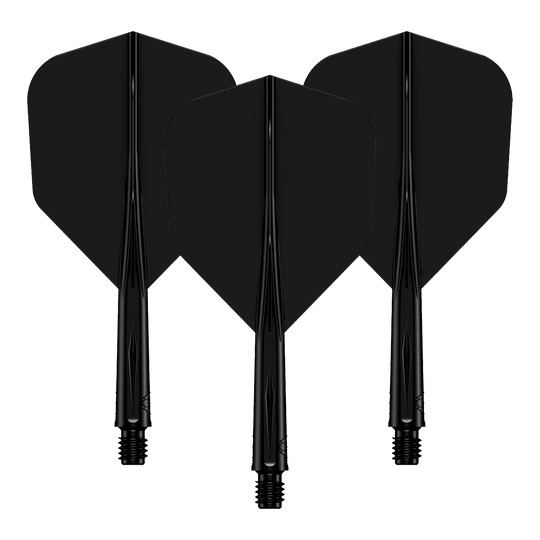Sistema de eje de vuelo Mission Force 90 No6 - Negro Das Bild zeigt drei schwarze Dartflights mit passenden Dartschäften. Sie sind hintereinander angeordnet und haben eine glänzende Oberfläche.