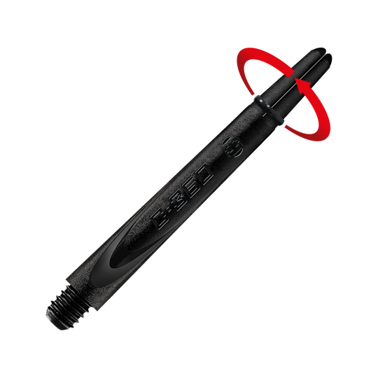 HR460_Harrows_Carbon_360_Shafts_Schwarz_49mm_2_Symbol Das Bild zeigt einen schwarzen Dart-Schaft aus Carbon. Auf dem Schaft steht die Prägung "360" und er hat ein Gewinde am unteren Ende.