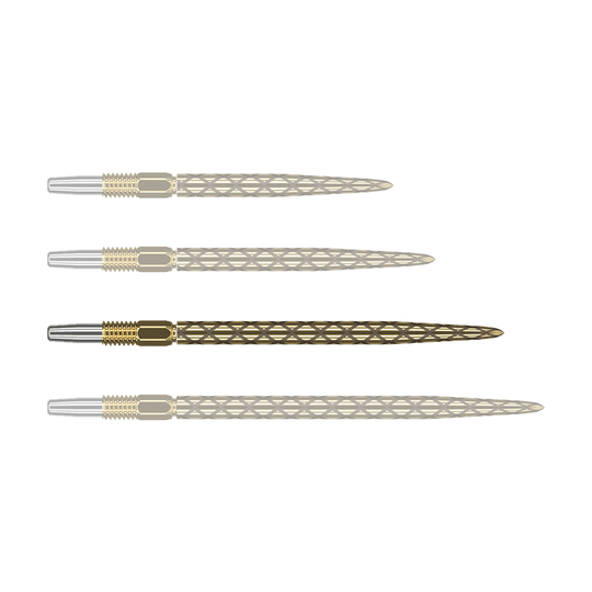 Puntas de dardos Target Swiss Diamond Pro Gold Das Bild zeigt vier goldfarbene Dartspitzen mit rautenförmigem Muster. Die Spitzen sind nebeneinander angeordnet und haben am Ende einen silbernen Abschnitt.