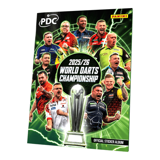 Das Bild zeigt das Panini PDC World Darts Championship 2025/26 - Softcover Starter Bundle mit 10 Sticker Packs. Es enthält Stickerpacks und ein Softcover-Heft für Sammler.