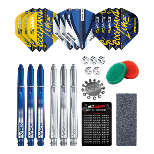 Paquete de accesorios Optima de Luke Humphries del Red Dragon Das Bild zeigt das Red Dragon Luke Humphries Optima Zubehör Pack für Darts. Enthalten sind Flights, Shafts, Federn, Tridents, ein Schleifstein, ein Checkout-Table, sowie weiteres nützliches Dartzubehör.