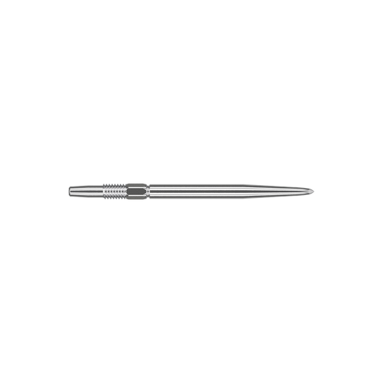 Puntas de dardos Target Swiss Point Silver Das Bild zeigt eine silberne Dartspitze mit einer Länge von 30 mm. Die Spitze ist schmal und hat feine Rillen im hinteren Bereich für besseren Halt.