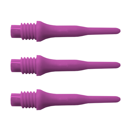 896_Bulls_Tefo_X_Softdart-Spitzen_100erPack_Pink_1 Das Bild zeigt drei lila Kunststoffspitzen mit Gewinde. Es handelt sich um das Produkt "Bulls Tefo X Spitzen (100er Pack)".
