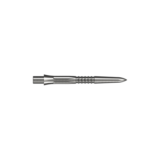 Das Bild zeigt eine silberne Steeldartspitze mit 26mm Länge. Es handelt sich um Mission Caliburn EVO GV1 Steeldartspitzen.