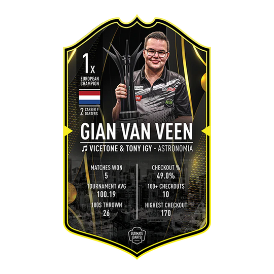 Tarjeta de dardos definitiva - Gian Van Veen Ultimate Darts Card - Gian Van Veen. Diese Karte zeigt den Spieler Gian Van Veen aus der Ultimate Darts Card Serie.