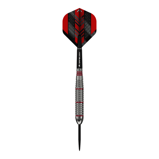 Dardos Mission Rogue de latón y acero - 22 g Das Bild zeigt einen Mission Rogue Brass Steeldart mit einem Gewicht von 22 Gramm. Der Dart hat ein silbernes, geriffeltes Barrel und rote sowie schwarze Akzente an Flight und Shaft.