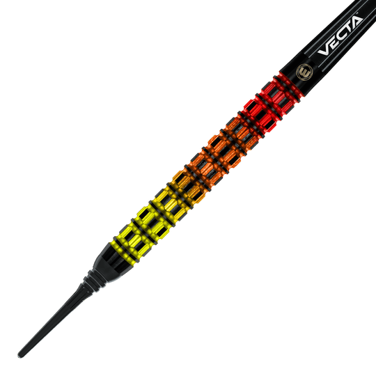 Dardos blandos paralelos Winmau Firestorm Flame - 20 g Das Bild zeigt einen Winmau Firestorm Flame Parallel Softdart mit 20 Gramm Gewicht. Der Dart hat ein auffälliges Griffdesign in den Farben Gelb, Orange und Rot.