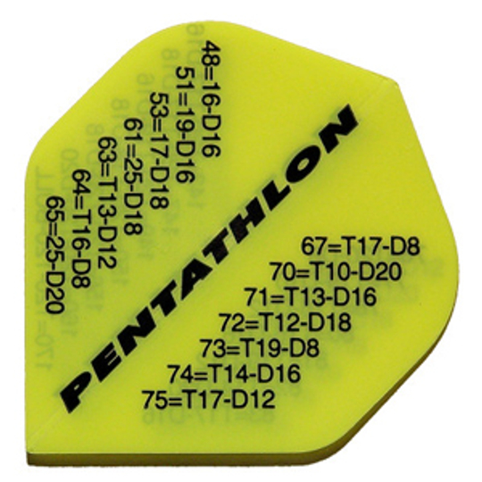 p34 Das Bild zeigt ein gelbes Dart Flight mit der Aufschrift "PENTATHLON" und mehreren Zahlen- und Buchstabenkombinationen. Es handelt sich um das Produkt "Pentathlon Flights P34".
