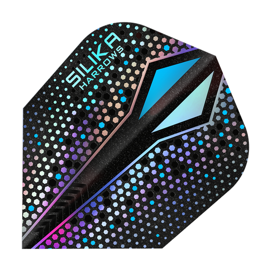 Plumas Harrows Silika Colourshift Tough Crystalline Coating Silver-X No6 Das Bild zeigt ein Dart-Flight mit dem Namen "Harrows Silika Colourshift Tough Crystalline Coating Silver-X No6". Das Flight hat ein glänzendes, sechseckiges Muster mit schimmernden Farben und einem markanten blauen Designelement.