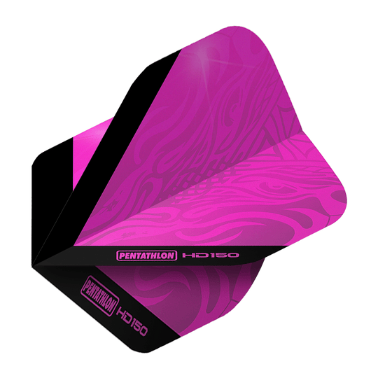 Vuelos estándar Pentathlon HD150 rosa metalizado Das Bild zeigt das Produkt "Pentathlon HD150 Metallic Pink Standard Flights". Es handelt sich um ein Dart-Flight in metallischem Pink mit schwarzen Akzenten und Markenaufdruck.