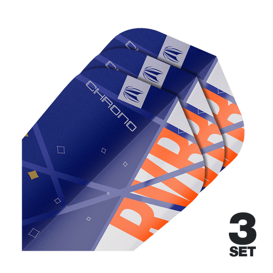 Target Pro Ultra Raymond Van Barneveld Chrono Ten-X Standard Flights - 3 juegos Auf dem Bild sind drei Sätze von Target Pro Ultra Raymond Van Barneveld Chrono Ten-X Standard Flights zu sehen. Die Flights sind überwiegend blau mit orangefarbenen und weißen Akzenten gestaltet.