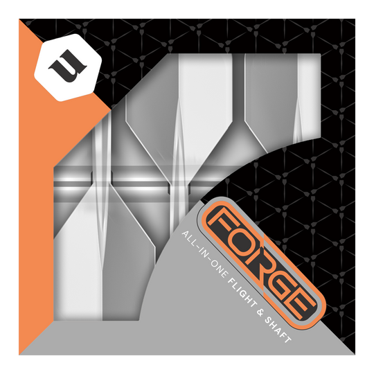 Plumas estándar Unicorn Forge All In One Plus No2, transparentes, medianas Das Bild zeigt die Verpackung des Produkts „Unicorn Forge All In One Plus No2 Standard Flights Clear - Medium“. Die Verpackung ist in Schwarz, Orange und Grau gehalten und zeigt die Flights und Shafts durch ein Sichtfenster.
