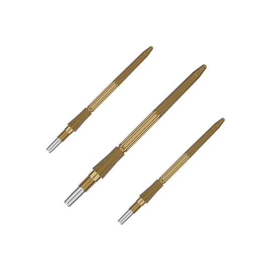 Das Bild zeigt ein Set goldener Dartspitzen. Es handelt sich um Target Elysian Archetype 43 SwissPoint Dartspitzen, 35 mm.