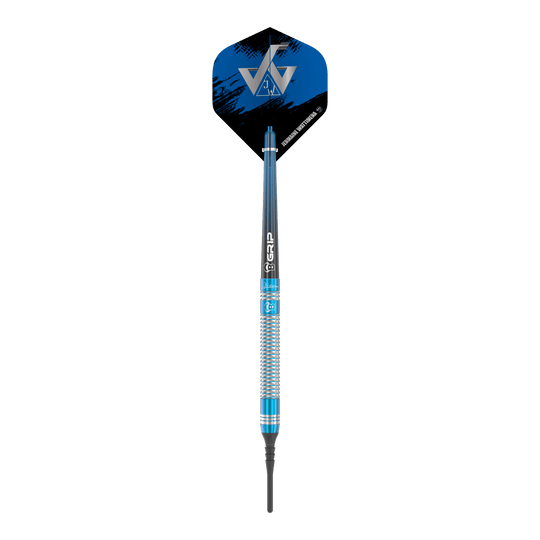 Dardos blandos Bulls Jermaine Wattimena Generation 3 - 20 g Das Bild zeigt einen Bulls Jermaine Wattimena Generation 3 Softdart mit 20g Gewicht. Der Dartpfeil hat ein auffälliges blau-silbernes Design und ein schwarzes Flight mit silbernem Logo.