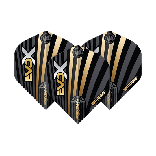 Vuelos estándar Winmau Prism Delta MvG Evo-X No2 Das Bild zeigt drei Winmau Prism Delta MvG Evo-X No2 Standard Flights. Sie haben ein schwarzes Design mit goldenen und silbernen Streifen sowie dem Winmau-Logo.