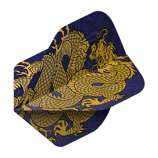 Vuelos de pentatlón Dragón azul Das Bild zeigt die Pentathlon Dragon 4 Standard Flights. Auf den Flights ist ein goldener Drache auf dunkelblauem Hintergrund abgebildet.