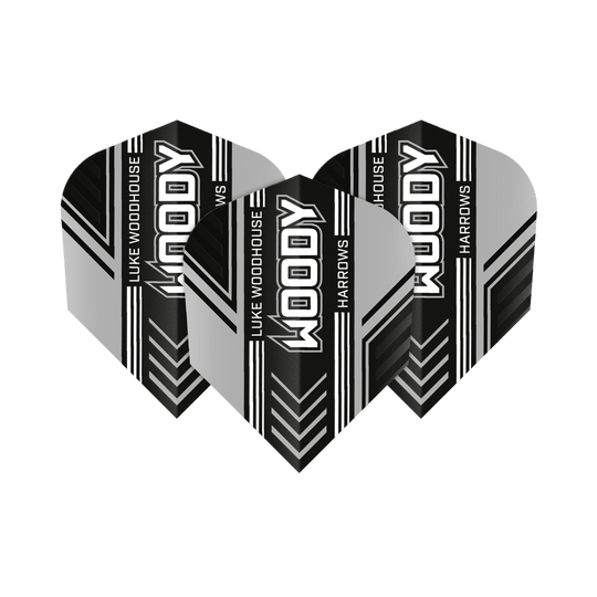 Harrows Prime Luke Woodhouse Woody No6 Vuelos Das Bild zeigt drei Dart-Flights mit dem Aufdruck "WOODY", "LUKE WOODHOUSE" und "HARROWS". Die Flights sind in Schwarz, Weiß und Grau gestaltet und haben ein modernes Streifendesign.
