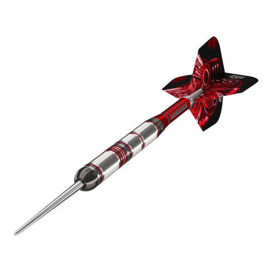Dardos de acero DW Piranha Razor 01 Das Bild zeigt einen DW Piranha Razor 01 Steeldart. Der Dartpfeil hat ein silbernes Barrel mit roten Akzenten und rote Flights.