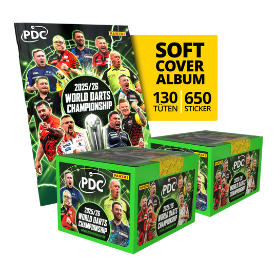 Panini PDC Campeonato Mundial de Dardos 2025/26 - Mega Pack de tapa blanda con dos cajas de cromos Gezeigt wird das Panini PDC World Darts Championship 2025/26 Softcover Mega Bundle mit zwei Stickerboxen. Das Mega Bundle bietet noch mehr Sticker zum Sammeln und Tauschen.