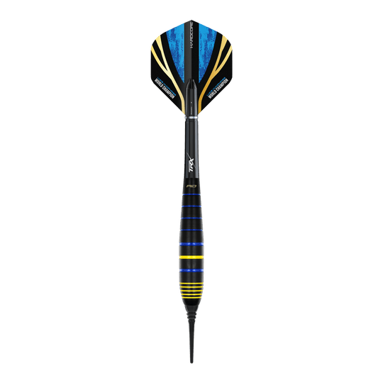 Dardos blandos de latón Red Dragon Luke Humphries, campeón mundial, 20 g Das Bild zeigt einen Red Dragon Luke Humphries World Champion Brass Softdart mit 20g Gewicht. Der Dart ist schwarz mit blauen und gelben Akzenten gestaltet.