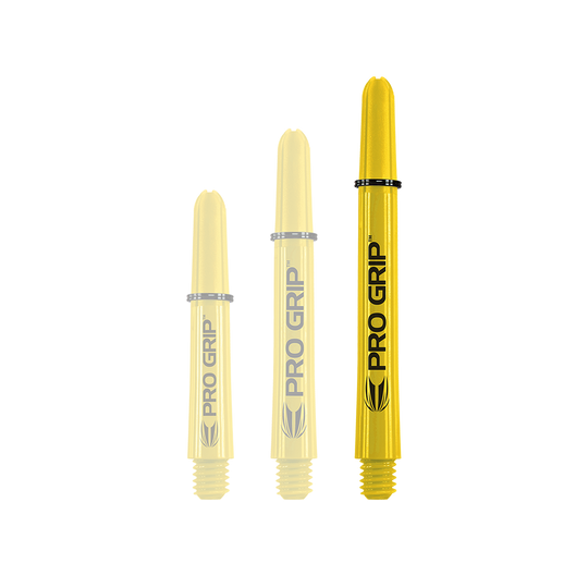 Varillas Target Pro Grip - 3 juegos - Amarillo Auf dem Bild sind drei gelbe Pro Grip Shafts in unterschiedlichen Längen zu sehen. Sie stehen nebeneinander und tragen die Aufschrift "PRO GRIP".
