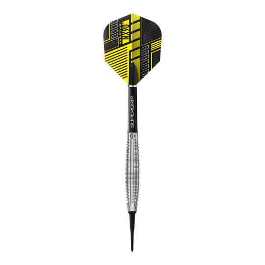 Dardos blandos Harrows NX90 Bomb Das Bild zeigt einen Harrows NX90 Bomb Softdart mit einem silbernen, geriffelten Barrel. Die Flight-Feder ist schwarz und gelb gemustert und trägt den Produktnamen.