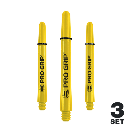 Varillas Target Pro Grip - 3 juegos - Amarillo Auf dem Bild sind drei gelbe Pro Grip Dartschäfte zu sehen. In der rechten unteren Ecke steht „3 Set“.