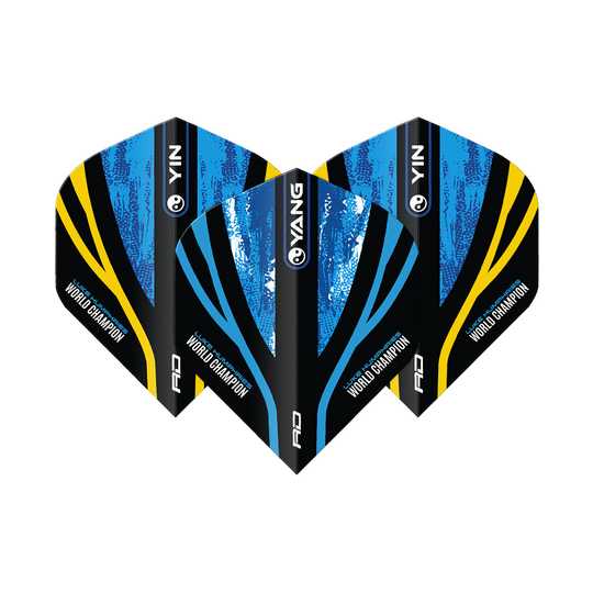 Dragón Rojo Luke Humphries Campeón Mundial Oro Azul Yin Yang Vuelos Estándar Das Bild zeigt drei Dart-Flights mit dem Design "Red Dragon Luke Humphries World Champion Blue Gold Yin Yang Standard Flights". Die Flights sind in Blau, Schwarz und Gold gehalten und tragen die Aufschrift "World Champion".
