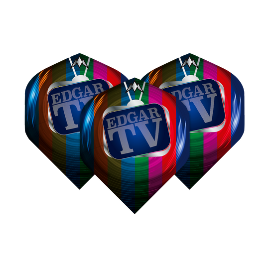Misión Solo Matt Edgar No2 Vuelos Estándar Das Bild zeigt drei bunte Dart-Flights mit dem Aufdruck "EDGAR TV" auf einem Fernsehbildschirm. Die Flights sind Teil des Produkts "Mission Solo Matt Edgar No2 Standard Flights".