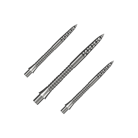 Puntas de dardos Mission Caliburn EVO con logotipo GV - plateadas Ein Set silberner Steeldartspitzen ist abgebildet. Die Spitzen sind vermutlich 32 mm lang.