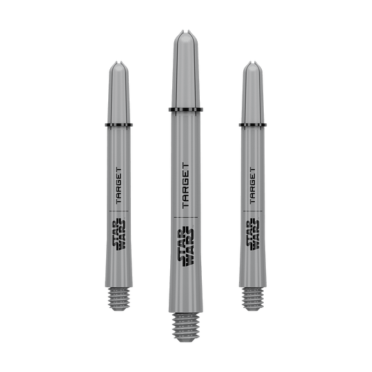 Varillas Target Star Wars ProGrip - Gris Das Bild zeigt ein Dart-Zubehör mit dem Dateinamen 380432_Target_StarWars_ProGrip_Shafts_Grau_Medium_48mm_1Set. Es handelt sich vermutlich um einen grauen Medium ProGrip Shaft von Star Wars mit 48mm Länge als Set.