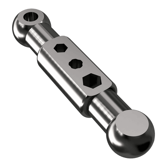 Kit de inicio Caliburn Das Bild zeigt ein metallisches Bauteil mit zwei kugelförmigen Enden und einer rechteckigen Mittelplatte mit drei Sechskantöffnungen. Es handelt sich um ein Teil des Produkts "Caliburn Starter-Kit".