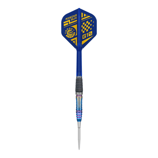 Dardos de acero Target Japan Rising Sun GEN10 Swiss Point Dies ist ein Bild der Target Japan Rising Sun GEN10 Swiss Point Steeldarts. Drei silberne Darts mit blauen Highlights sind zu sehen.