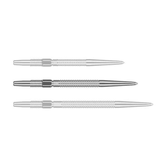 Puntas de dardos Target Swiss Point GRD Silver Das Bild zeigt drei silberne Dartspitzen des Produkts „Target Swiss Point GRD Silver Dartspitzen“. Die Spitzen sind nebeneinander angeordnet und haben eine feine Riffelung.