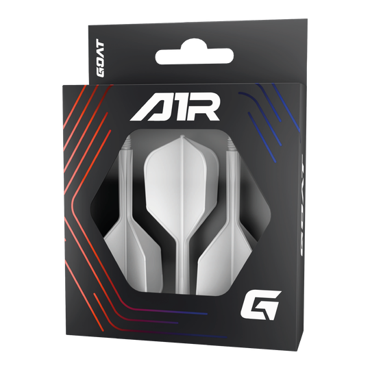 Sistema de eje de vuelo GOAT A1R No6 - Blanco Die Abbildung zeigt das Produkt „GOAT A1R No6 Flight-Shaft-System - Weiß“ in einer schwarzen Verpackung mit Sichtfenster. In der Verpackung sind drei weiße Dart-Flights mit Schäften zu sehen.